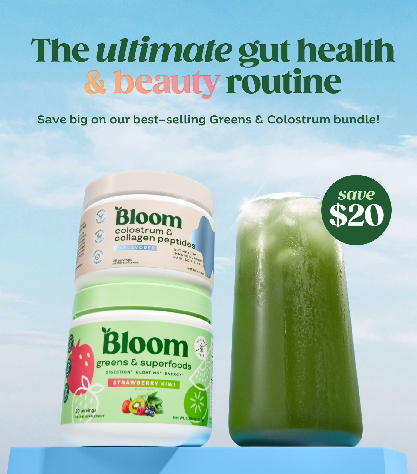 Bloom Greens & Superfoods and Colostrum Collagen Peptides bundle with refreshing green drink for gut health.