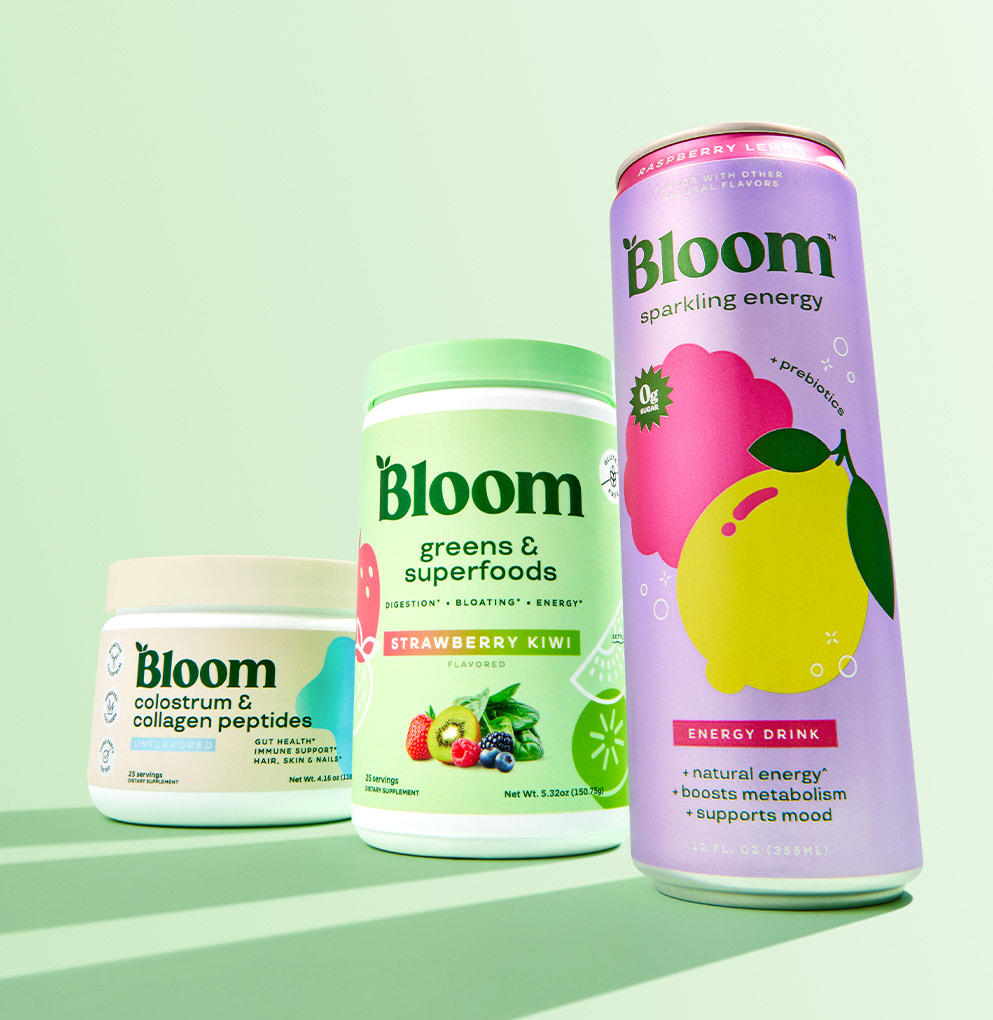 Bloom supplements lineup featuring Colostrum & Collagen Peptides, Greens & Superfoods, and Sparkling Energy