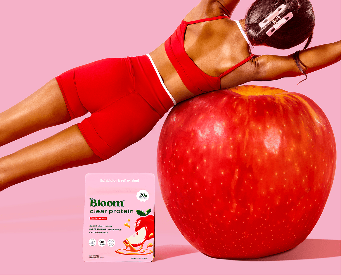 Bloom Clear Protein shaker bottle with fresh fruit