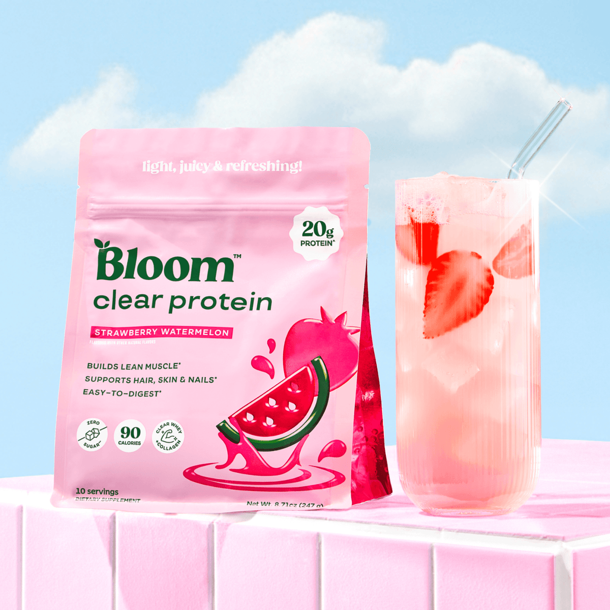 Bloom Clear Protein shaker bottle with fresh fruit
