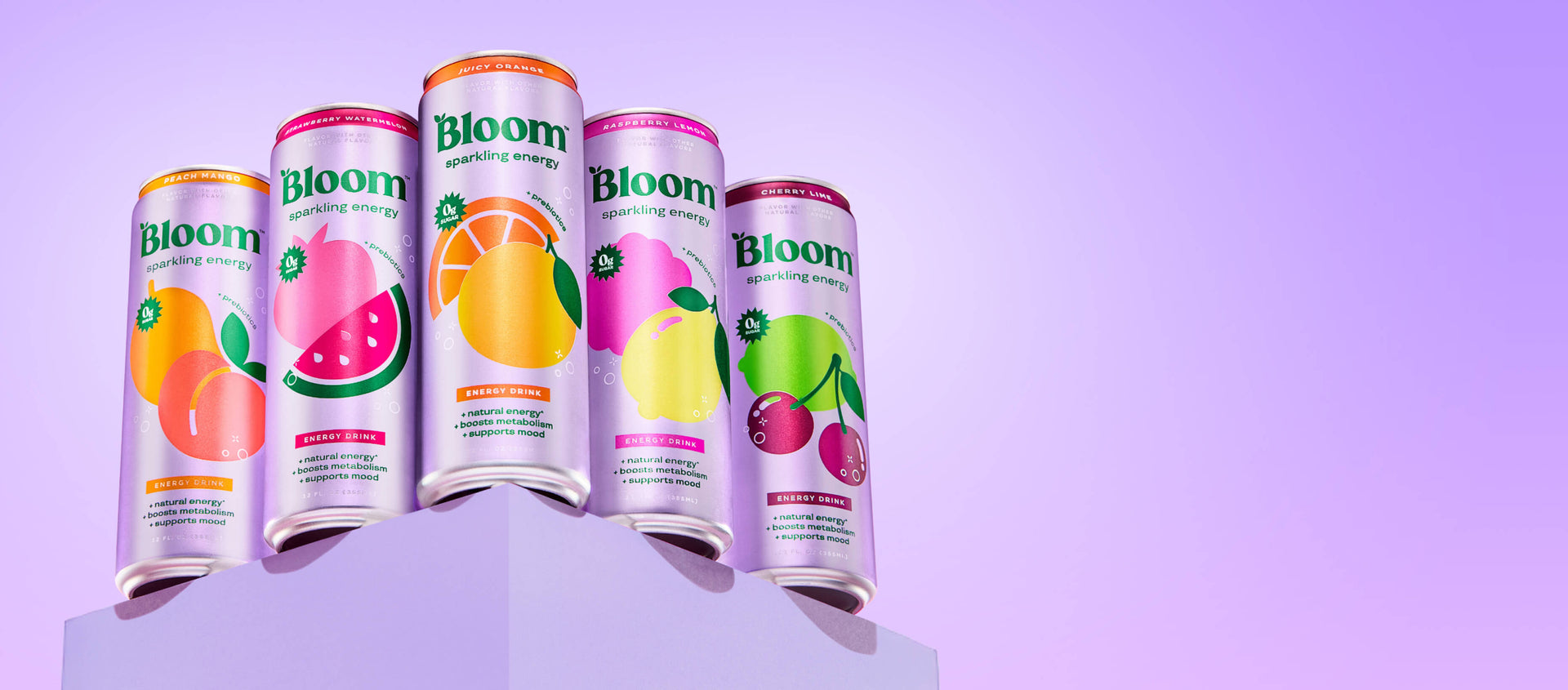 Bloom Sparkling Energy drinks in Peach Mango, Strawberry Watermelon, Juicy Orange, Raspberry Lemon, and Cherry Lime flavors