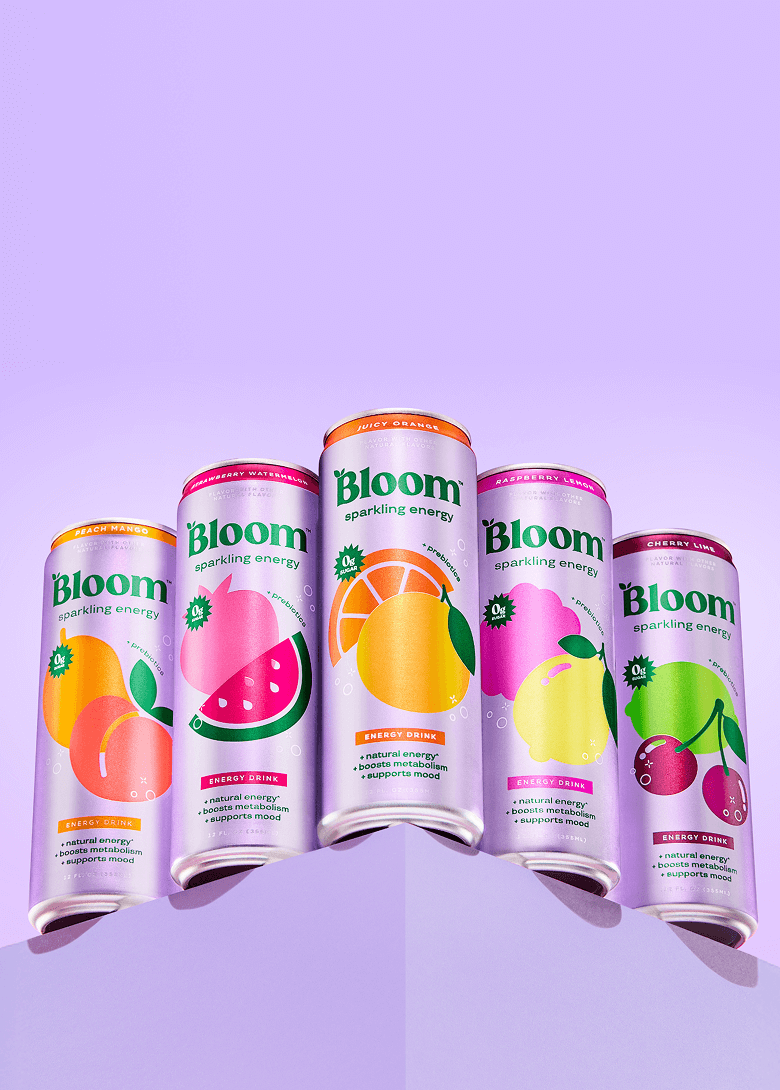 Bloom Sparkling Energy drinks in Peach Mango, Strawberry Watermelon, Juicy Orange, Raspberry Lemon, and Cherry Lime flavors