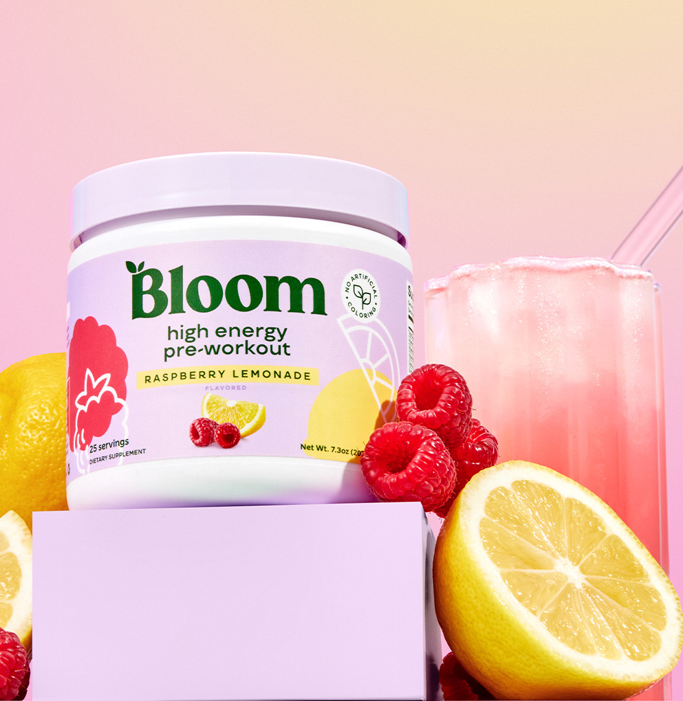 Bloom High Energy Pre-Workout in Raspberry Lemonade flavor with fresh fruit and iced drink