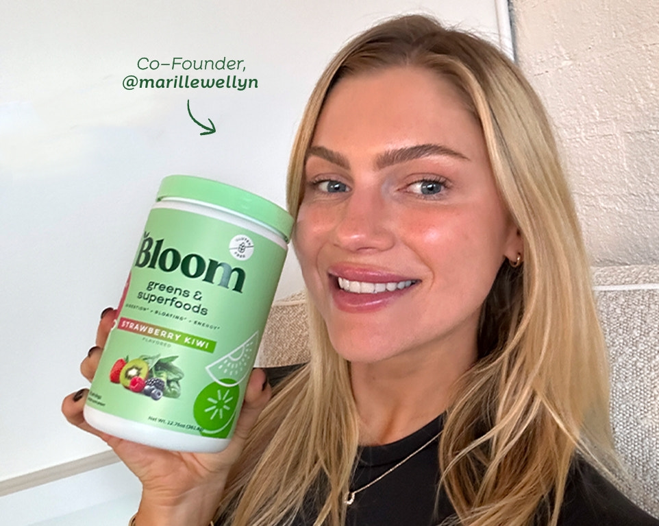 Mari Llewellyn, Bloom co-founder, holding Bloom Strawberry Kiwi Greens & Superfoods