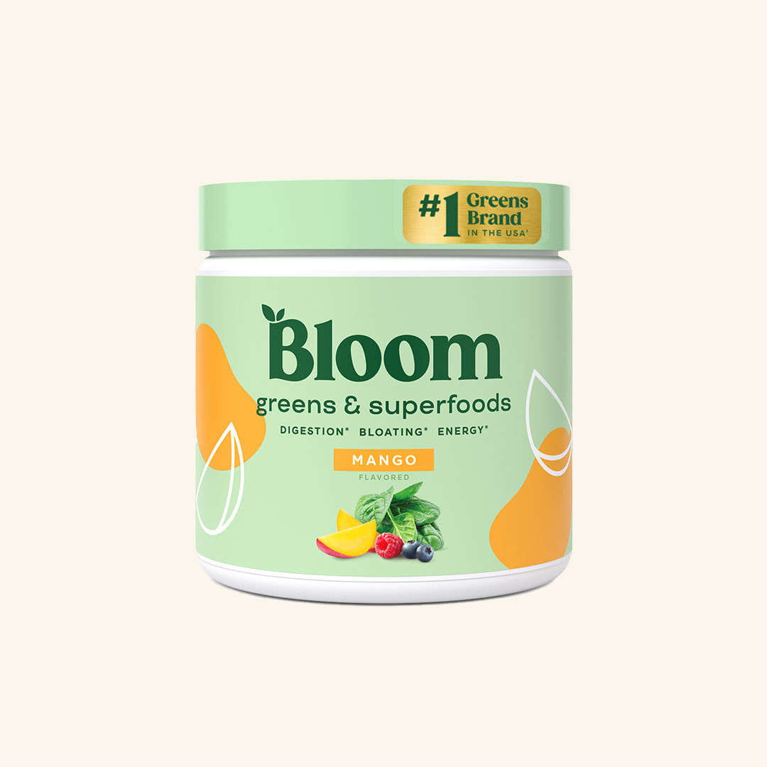 Bloom Greens & Superfoods Mango flavor jar with #1 Greens Brand in the USA badge on cream background