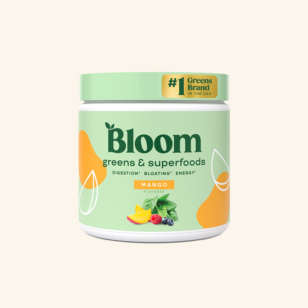 Bloom Greens & Superfoods Mango flavor jar with #1 Greens Brand in the USA badge on cream background